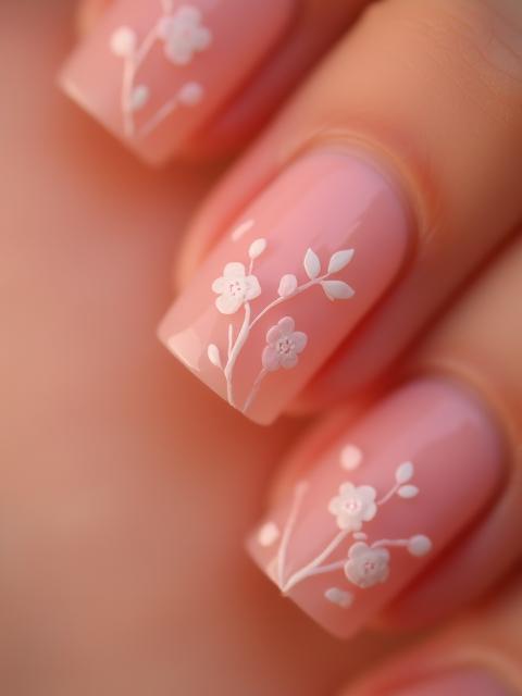Example of delicate floral nail art on pale pink base