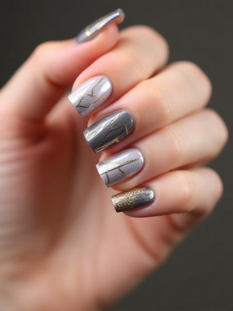 Example of modern geometric nail art with metallic accents