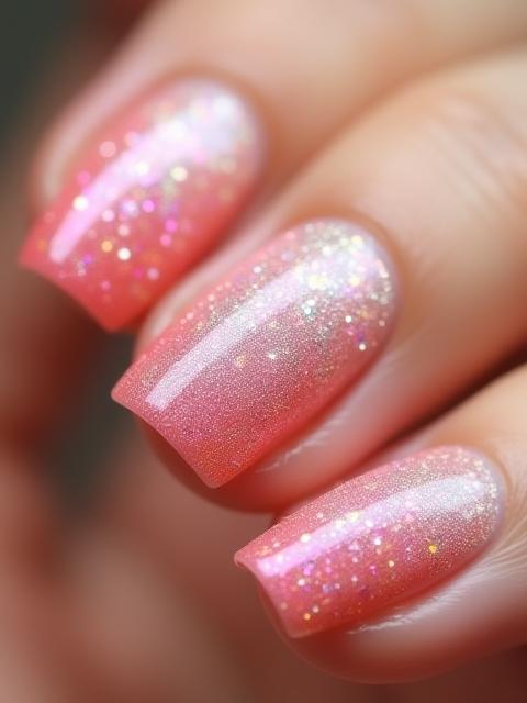 Example of sparkling glitter fade effect on ombre nails