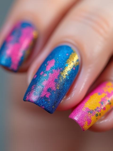 Example of vibrant abstract painted nails with bold colours